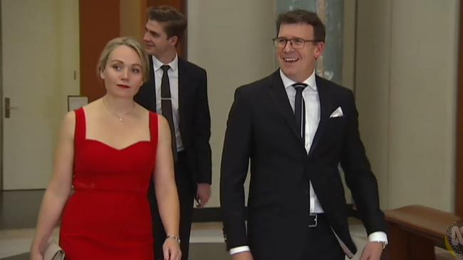 Alan Tudge, right, pictured arriving at the 2017 Mid-Winter Ball in the company of Liberal staffer Rachelle Miller.