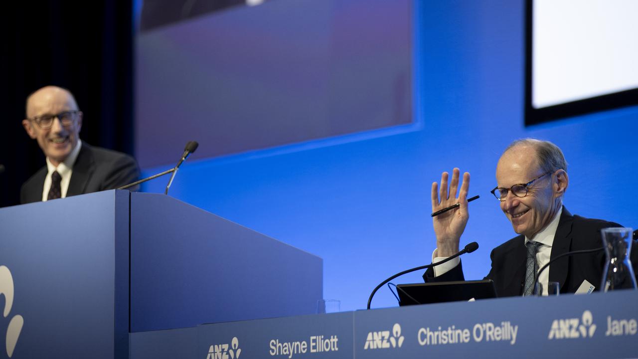 ANZ chairman Paul O'Sullivan (left) opens the AGM with outgoing CEO Shayne Elliott. Pictures: Arsineh Houspian