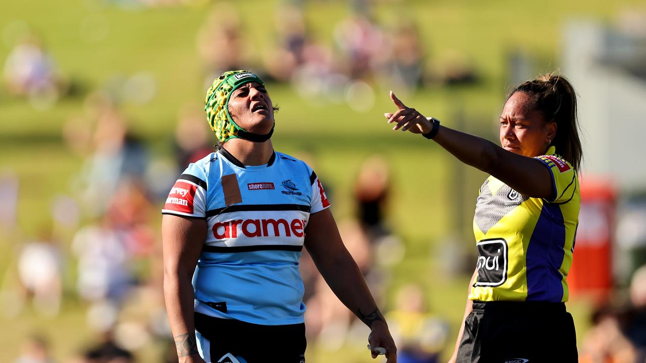 SYDNEY, AUSTRALIA - JULY 30: Harata Butler of the Sharks reacts as she is sent to the sin bin during the round two NRLW match between Wests Tigers and Cronulla Sharks at Belmore Sports Ground, on July 30, 2023, in Sydney, Australia. (Photo by Jeremy Ng/Getty Images)