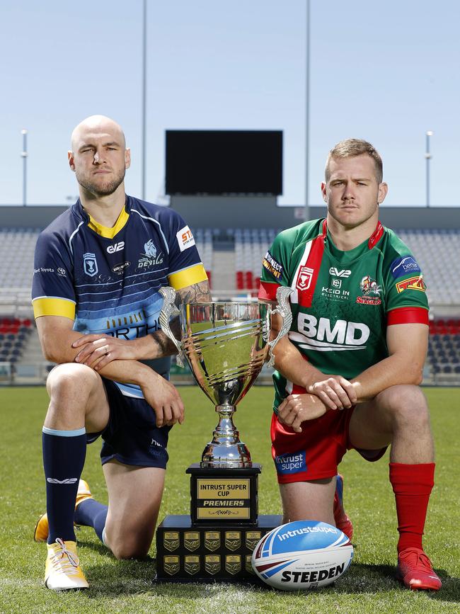 Jack Ahearn from Norths Devils and Sam Scarlett from Wynnum Manly Seagulls ahead of the Intrust Super Cup Grand Final at Moreton Daily Stadium, Brisbane 6th of October 2021. (Image/Josh Woning)