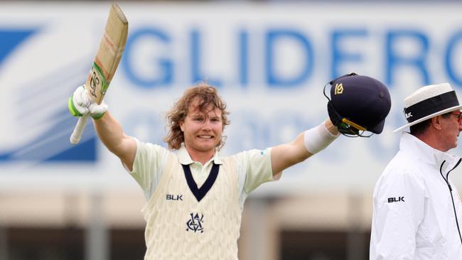 ADELAIDE, AUSTRALIA – OCTOBER 31: William Pucovski of Victoria celebrates after reaching his century during day two of the Sheffield Shield match between South Australia and Victoria at ACH Group Stadium on October 31, 2020 in Adelaide, Australia. (Photo by Daniel Kalisz/Getty Images)