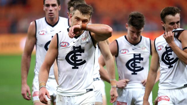 Patrick Cripps leads the Blues off the ground after the loss to GWS. Picture: Phil Hillyard