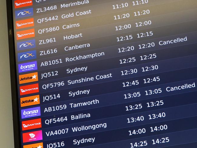 Cancelled Bonza flights at Melbourne Airport on Tuesday morning. Picture: Mark Stewart