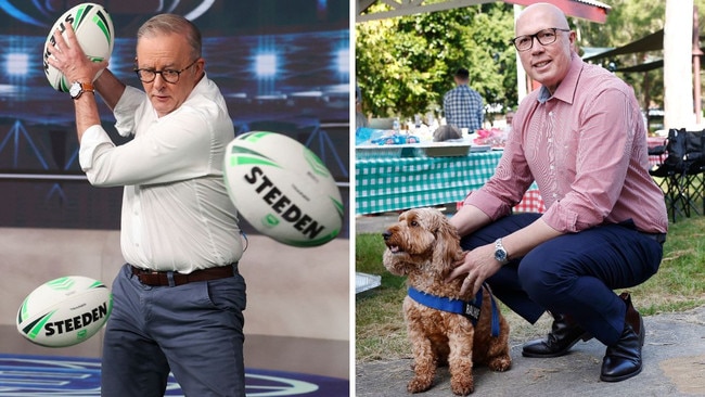 Anthony Albanese on the Sunday Footy Show, and Peter Dutton at an Easter Sunday barbecue. Pictures: Alex Ellinghausen, Richard Dobson