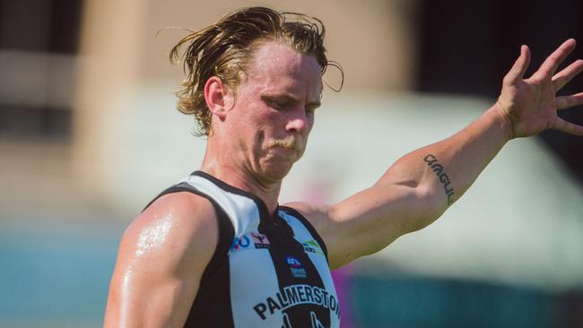 Palmerston's Kyle Emery booted two goals and produced some long kicks in his side’s loss to the Darwin Buffaloes. Picture: Glenn Campbell