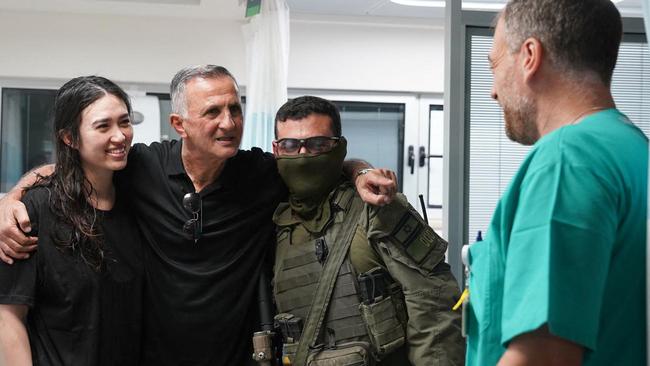 Noa Argamani with her father at the Sheba Tel-HaShomer Medical Centre, after her rescue from the Gaza Strip. Picture: Israeli Army/AFP.