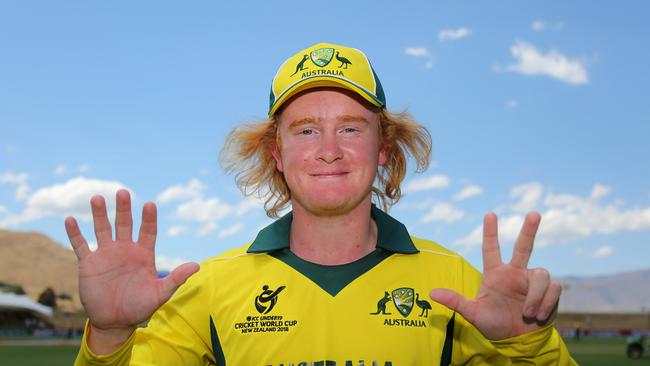 Lloyd Pope after taking eight wickets during the ICC U19 Cricket World Cup quarter-final. Picture: Dianne Manson-IDI/IDI via Getty Images