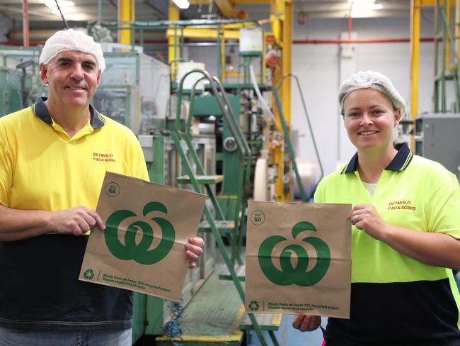 Detpak employees with the new Woolworths 'Made in Aus' 20c paper bags. Picture: Supplied.