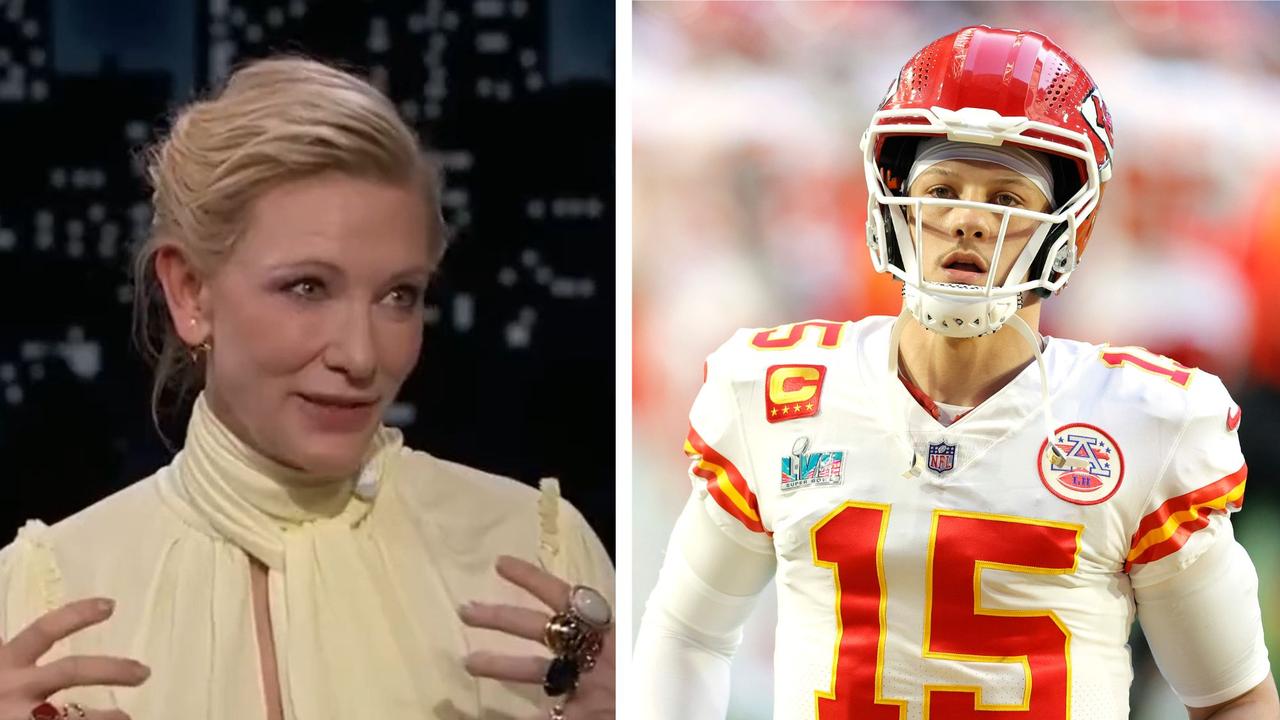 Cate Blanchett has a message for Patrick Mahomes. Photo: Getty Images and YouTube