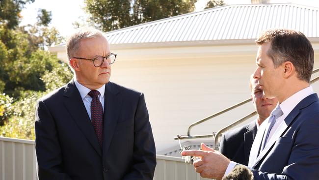 Jason Clare and Labor leader Anthony Albanese during a press conference. Picture: Liam Kidston