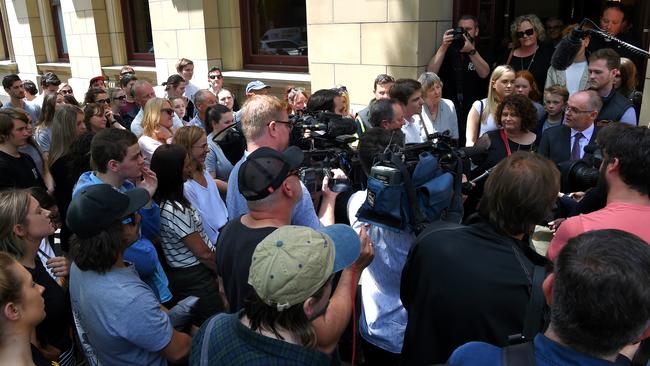 Friends, family and media wait for the parents of Pat Cronin after the sentencing. Picture: Nicole Garmson