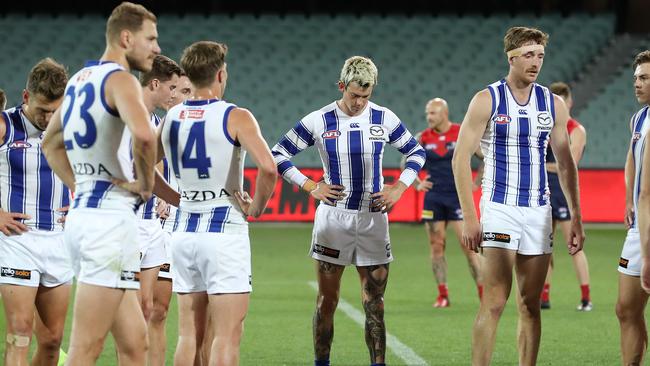 Dejected North Melbourne players after the game. Picture: Sarah Reed