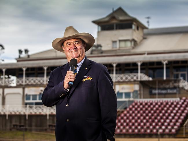 MUST HOLD COURIER MAIL -  QWeekend_OAM Angus Lane ring announcer and former farmer Australia announcing at Royal and country shows for the past 35years with his wife Vicki. Pictured at the Toowoomba Showgrounds. 23rd May 2020. pic David Martinelli