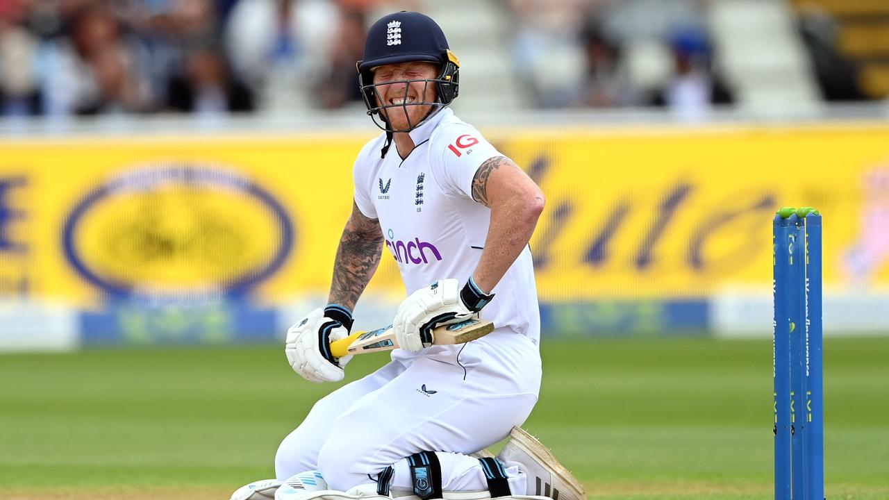 BIRMINGHAM, ENGLAND - JULY 03: England batsman Ben Stokes reacts after being hit during day three of the Fifth test match between England and India at Edgbaston on July 03, 2022 in Birmingham, England. (Photo by Stu Forster/Getty Images)