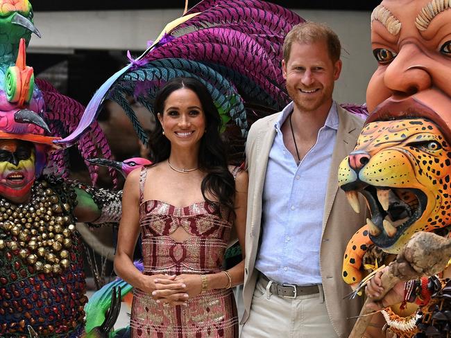 Prince Harry and Meghan Markle pictured in Colombia in August have not been seen together publicly in recent weeks. Picture: AFP