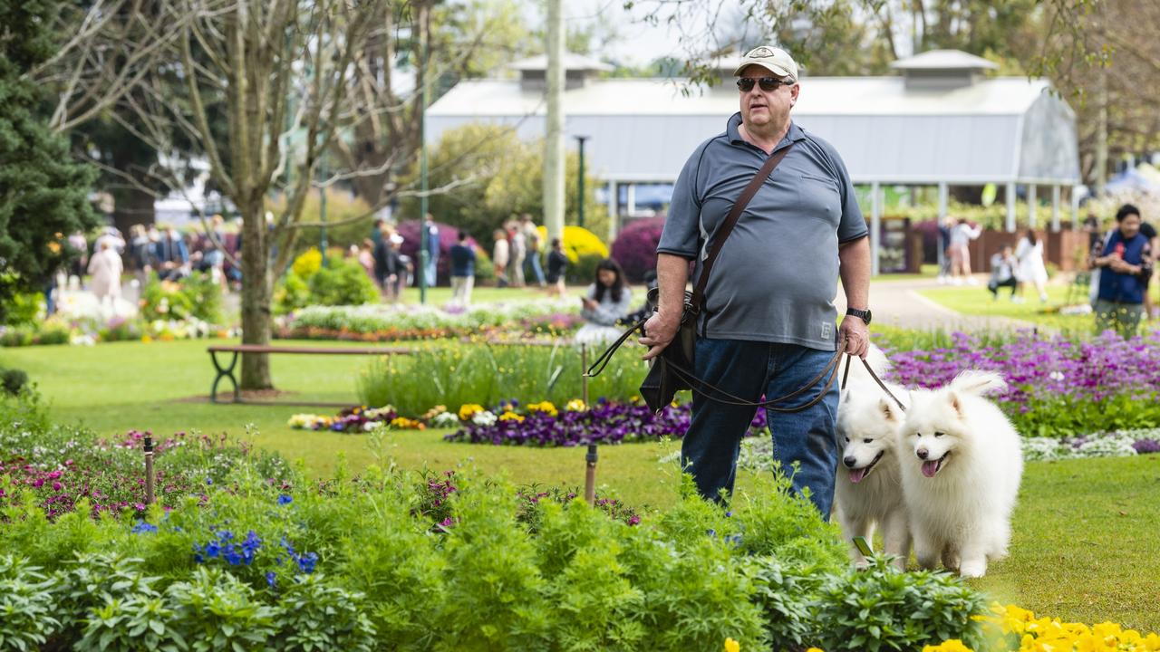 Zeus (left) and Sasha with owner Keith McGinn in Queens Park for the floral display for Carnival of Flowers 2022, Saturday, September 17, 2022. Picture: Kevin Farmer