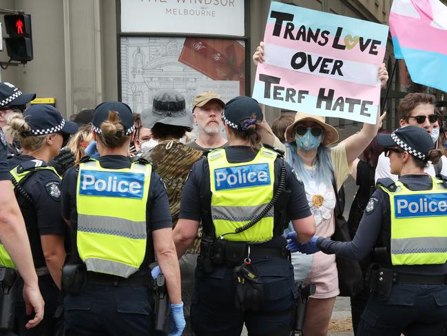 Protest groups face off in front of the Victorian parliament where UK far right activist Kellie-Jay Keen was due to speak. Picture: NCA NewsWire / David Crosling