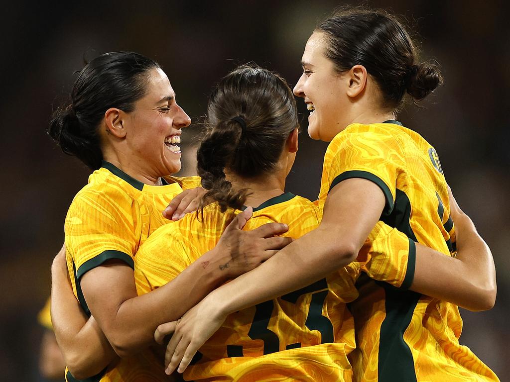 Bryleeh Henry celebrates her first goal for the Matildas. Picture: Getty Images