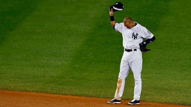 NEW YORK, NY - SEPTEMBER 25: Derek Jeter #2 of the New York Yankees gestures from the field against the Baltimore Orioles in his last game ever at Yankee Stadium on September 25, 2014 in the Bronx borough of New York City. Mike Stobe/Getty Images/AFP == FOR NEWSPAPERS, INTERNET, TELCOS & TELEVISION USE ONLY ==