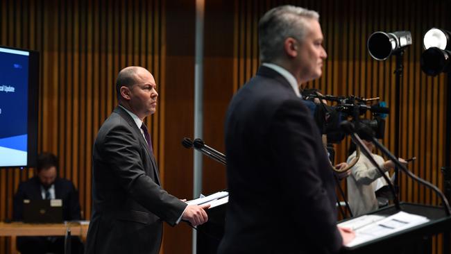 Josh Frydenberg and Senator Cormann on Thursday. Picture: Getty