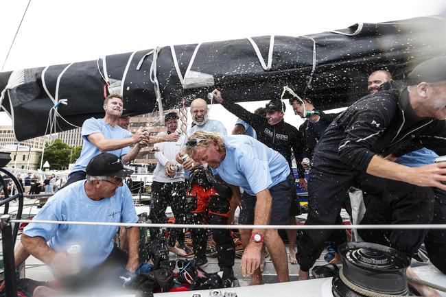 Alive skipper Duncan Hine with his crew as Alive claimed line honours in the 2020 Launceston to Hobart yacht race. Picture: Zak Simmonds