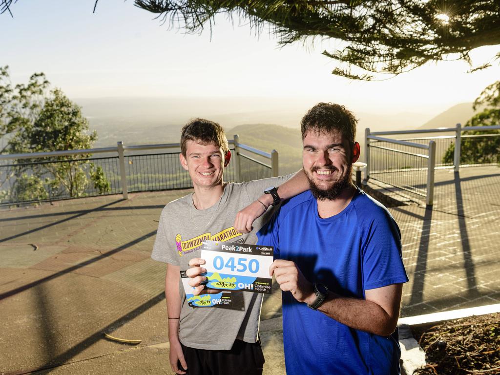 Brothers Cooper (left) and Vaughn Campbell admire the view from Picnic Point before Peak2Park fun run, Sunday, March 2, 2025. Picture: Kevin Farmer