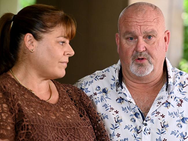 BRISBANE, AUSTRALIA - NewsWIRE Photos FEBRUARY 14, 2024:  Belinda Beasley and Brett Beasley at the  announcement of a new knife crime prevention initiative at Queensland Parliament House in Brisbane. Picture: NCA NewsWIRE / John Gass