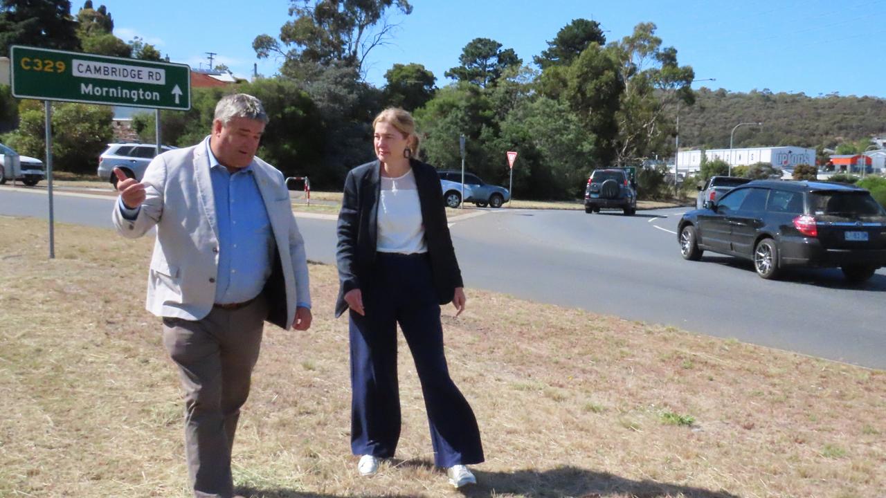 Minister for Infrastructure Kerry Vincent and member for Franklin Julie Collins at the Mornington Roundabout on Wednesday, January 29, 2025.