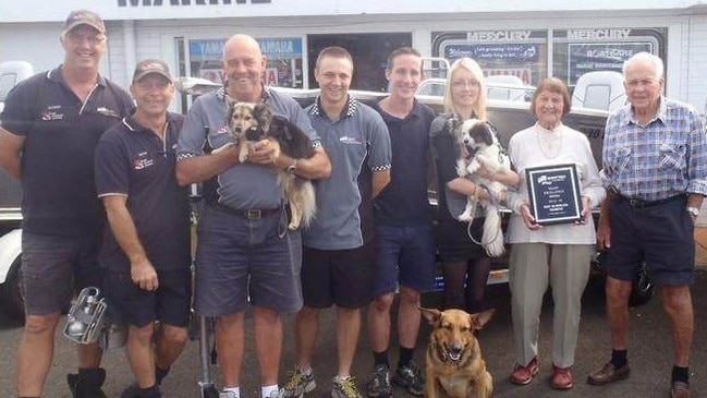 The staff at Sunshine Coast Marine in 2014, from left, Warren Foxwell, Peter Harmer, Ray Scholes, Mitch Green, Dean Rehbein, Caitlyn Foxwell, and Ray's foster parents the late Norma and Mark Horton.