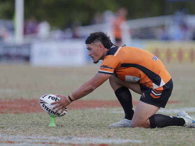 Jaman Rio of Southport Tigers lines up a conversion. Photo: Regi Varghese