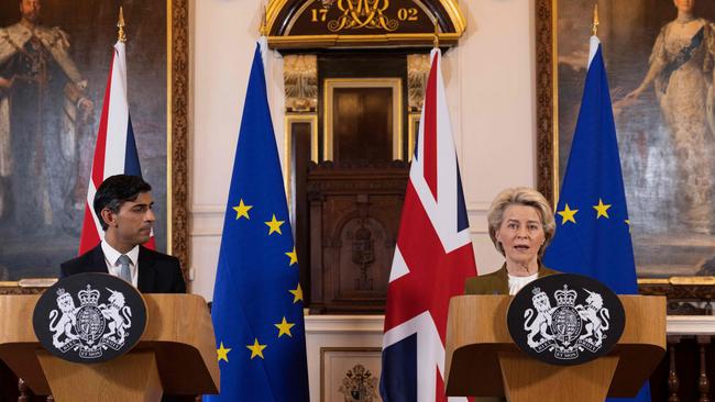 Britain's Prime Minister Rishi Sunak (L) and European Commission chief Ursula von der Leyen hold a joint press conference following their meeting at the Fairmont Hotel in Windsor. Picture: AFP.