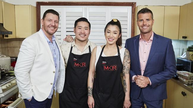 MKR’s David and Betty (centre) with judges Manu Feildel and Pete Evans. Picture: Channel 7