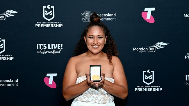 Shaniah Power of the Titans poses for a photo after winning the Try of the Year Award. (Photo by Bradley Kanaris/Getty Images)