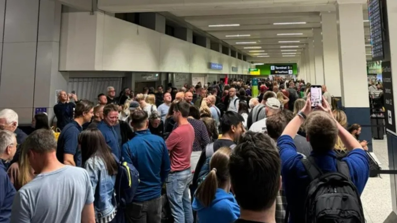 Huge crowds at Manchester Airport after planes have been grounded. Picture: BBC