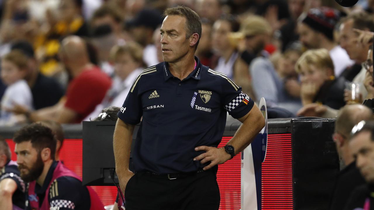 MELBOURNE, AUSTRALIA - MAY 01: Hawthorn Senior coach Alastair Clarkson looks on from the bench during the round seven AFL match between the St Kilda Saints and the Hawthorn Hawks at Marvel Stadium on May 01, 2021 in Melbourne, Australia. (Photo by Darrian Traynor/Getty Images)