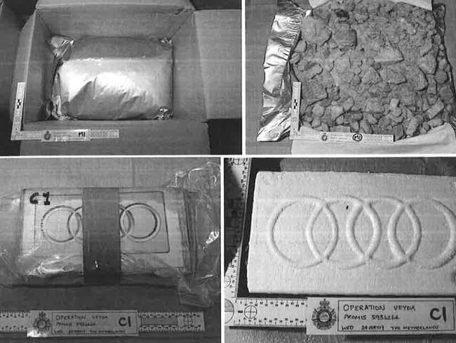 Photos of one of three shipments police allege Michael Ibrahim and others attempted to smuggle into Australia. This one shows 500kg of MDMA and 20kg of cocaine, featuring the Audi symbol, seized on May 22, 2017.