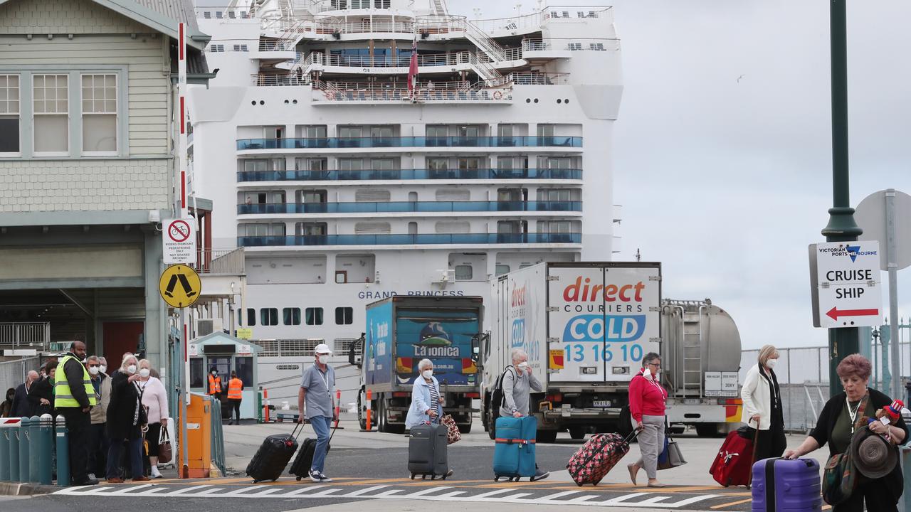 The scene is quiet as passengers leave the ship. Picture: David Crosling