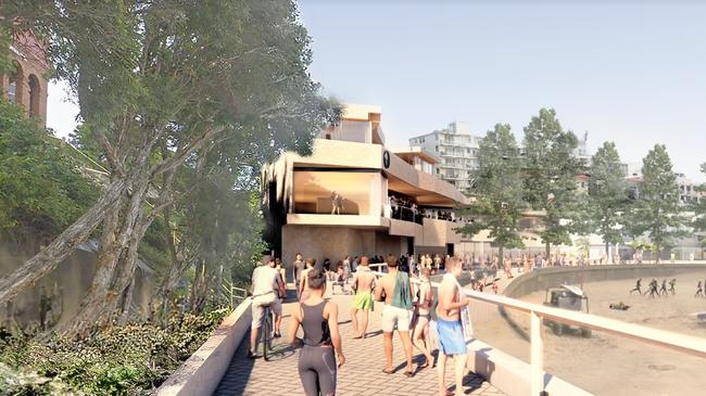 An artist's concept design of the proposed new Manly Life Saving Club showing the start of Marine Parade, the path to Shelly Beach. Picture: Supplied