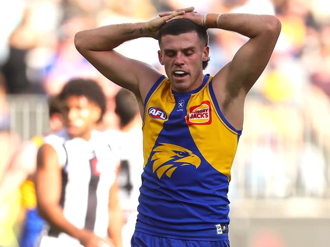 PERTH, AUSTRALIA - JUNE 03: Jake Waterman of the Eagles looks on during the round 12 AFL match between West Coast Eagles and Collingwood Magpies at Optus Stadium, on June 03, 2023, in Perth, Australia. (Photo by Paul Kane/Getty Images)