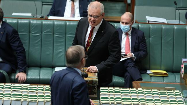 Prime Minister Scott Morrison responds to a question from Anthony Albanese during question time in Canberra today. Picture: NCA NewsWire / Gary Ramage