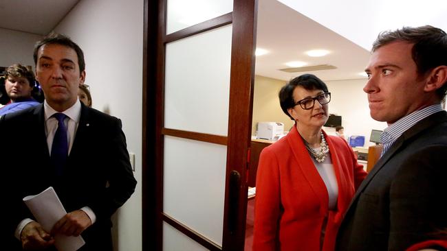 VOTE WHO: After the post-2014 election, the Liberal Party re-elected. Steven Marshall as leader of the party. L to R Steven Marshall, Deputy Leader Vicki Chapman and Steven Marshalls Press Secretary Daniel Gannon. Picture: Kelly Barnes