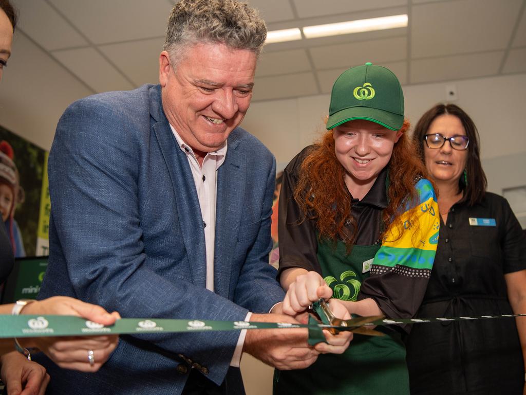 Education Minister Mark Monaghan and Henbury School student Hannah Ziersch at the opening of the Henbury School Mini Woolies, the first of its kind in the NT. Picture: Pema Tamang Pakhrin