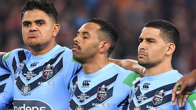 Latrell Mitchell, Josh Addo-Carr and Cody Walker during the national anthem before State of Origin I. Picture: AAP