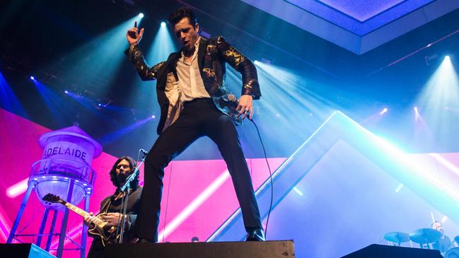 The Killers frontman Brandon Flowers strikes a pose at the Adelaide Entertainment Centre. Picture: @robloud, Rob Loud