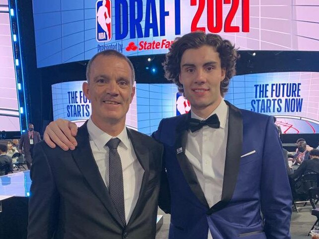 Giddey with his father, Warwick, at the NBA Draft night where he was taken at pick no. 6 by OKC. Picture: Supplied