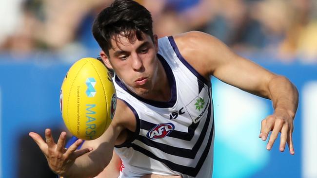 Adam Cerra of the Dockers in action during the AFL Marsh Community Series pre-season match between the West Coast Eagles and the Fremantle Dockers at HBF Arena in Perth, Saturday, March 7, 2020. (AAP Image/Gary Day) NO ARCHIVING, EDITORIAL USE ONLY