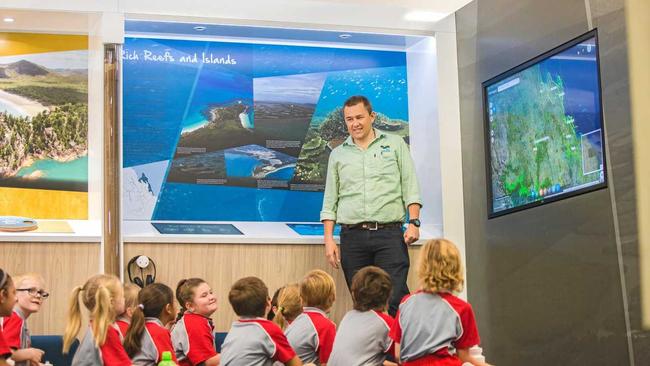 Lakes Creek State School were the first school to experience the transformed Flow Centre. FBA&#39;s Science Engagement Officer Daniel Rea demonstrates some of the new features. Picture: contributed