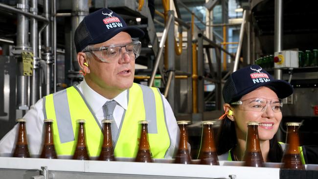 Scott Morrison with the Liberal MP for Reid, Fiona Martin, at a brewery in Sydney’s Lidcombe. Picture: Damian Shaw