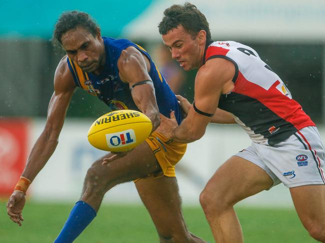 Liam Patrick and Dean Staunton in the NTFL Round 13 match  Wanderers v Southern Districts at TIO Stadium.Picture GLENN CAMPBELL