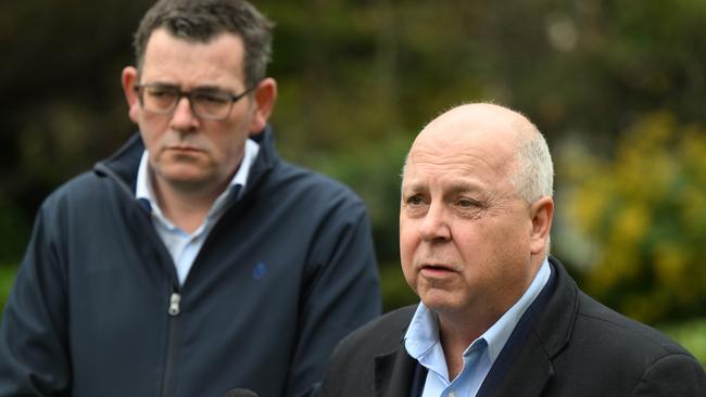 Tim Pallas with Daniel Andrews. Picture: Tony Gough